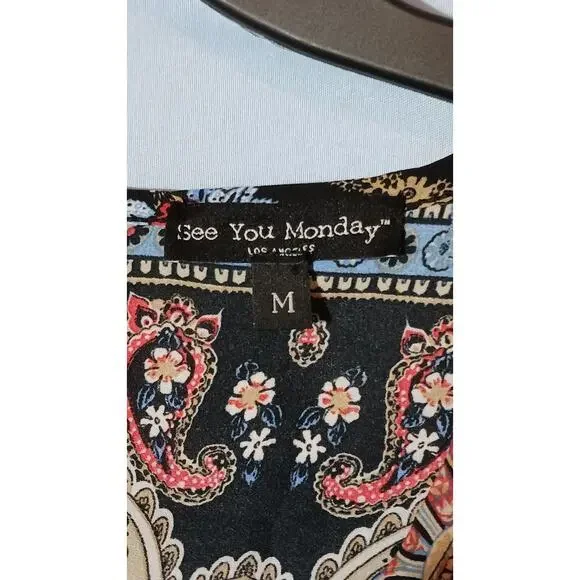 See You Monday Womens Medium Paisley Long Sleeve Black Fringed Cropped Top Boho - Picture 3 of 10